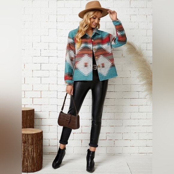 Emery Rose Jackets & Blazers - Emery Rose Geo Print Aztec Drop Shoulder Shacket Jacket XL